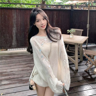 慵懒风白色镂空破洞亮片毛衣针织衫女春秋薄款外穿小个子宽松上衣