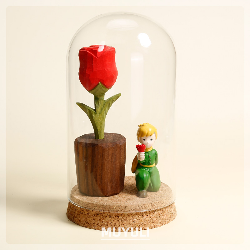 小王子的玫瑰花永生花手工木雕桌面摆件电脑办公桌装饰六一礼物