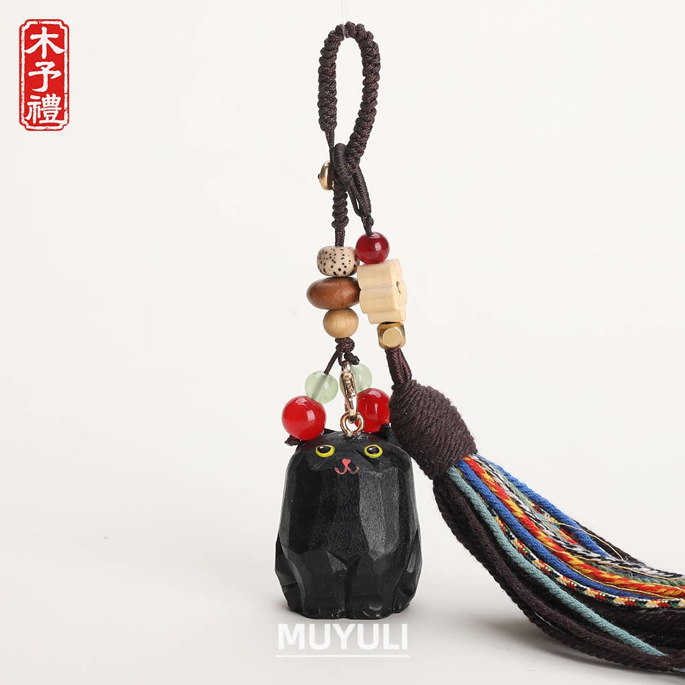 手工木雕黑猫丨小猫咪汽车钥匙扣包包书包背包情侣挂件钥匙链女