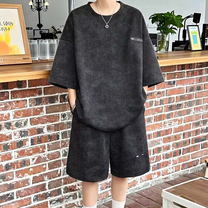 夏季套装男小众设计感扎染七分袖t恤短裤潮流酷帅大码男装一整套