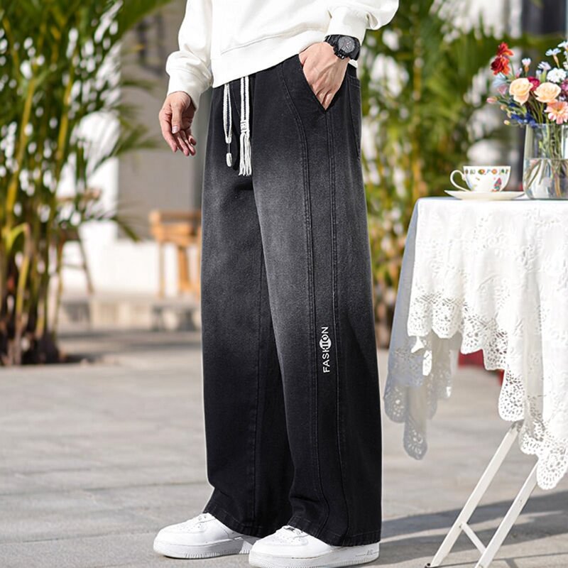 牛仔裤男士春夏薄款学生青少年大码胖子宽松弹力阔腿直筒长裤子男