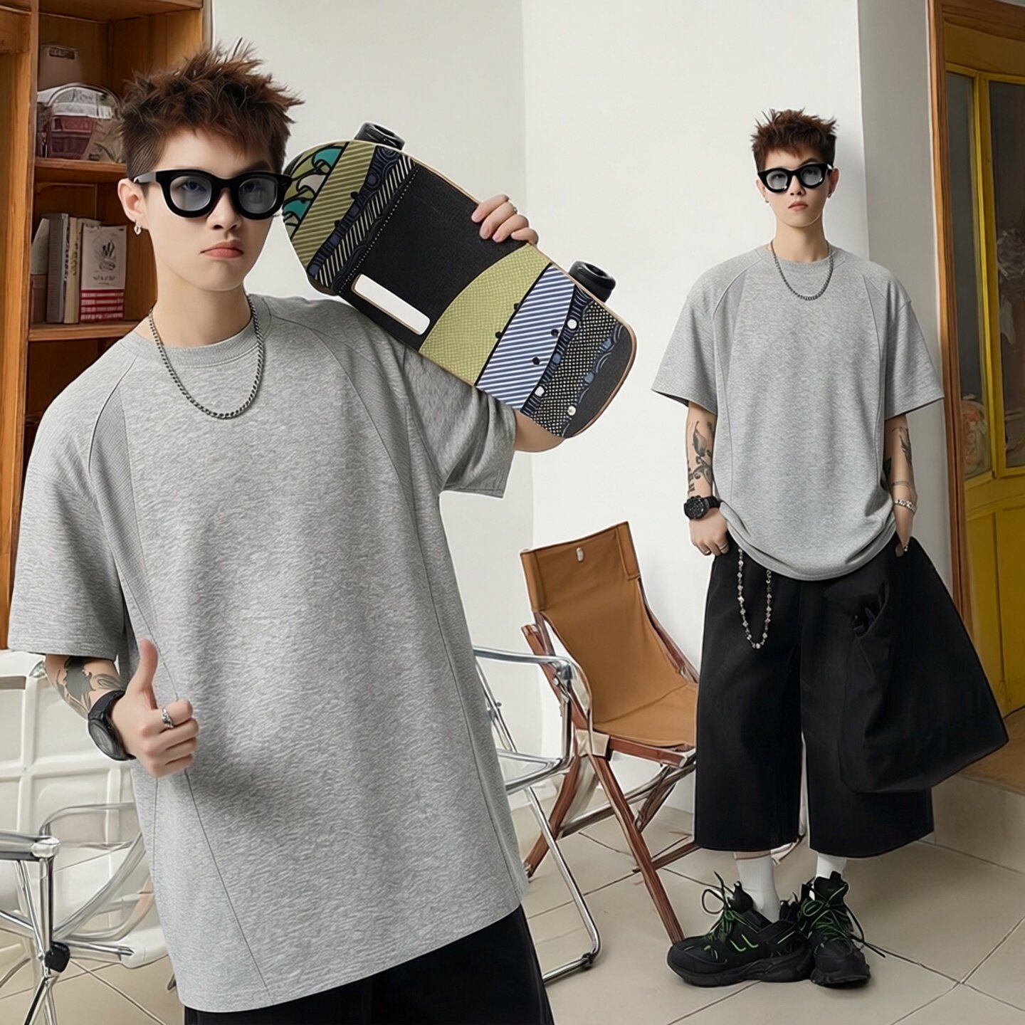 加宽设计遮肚子/短袖男美式短款正肩拼接T恤男士大码潮牌痞帅上衣