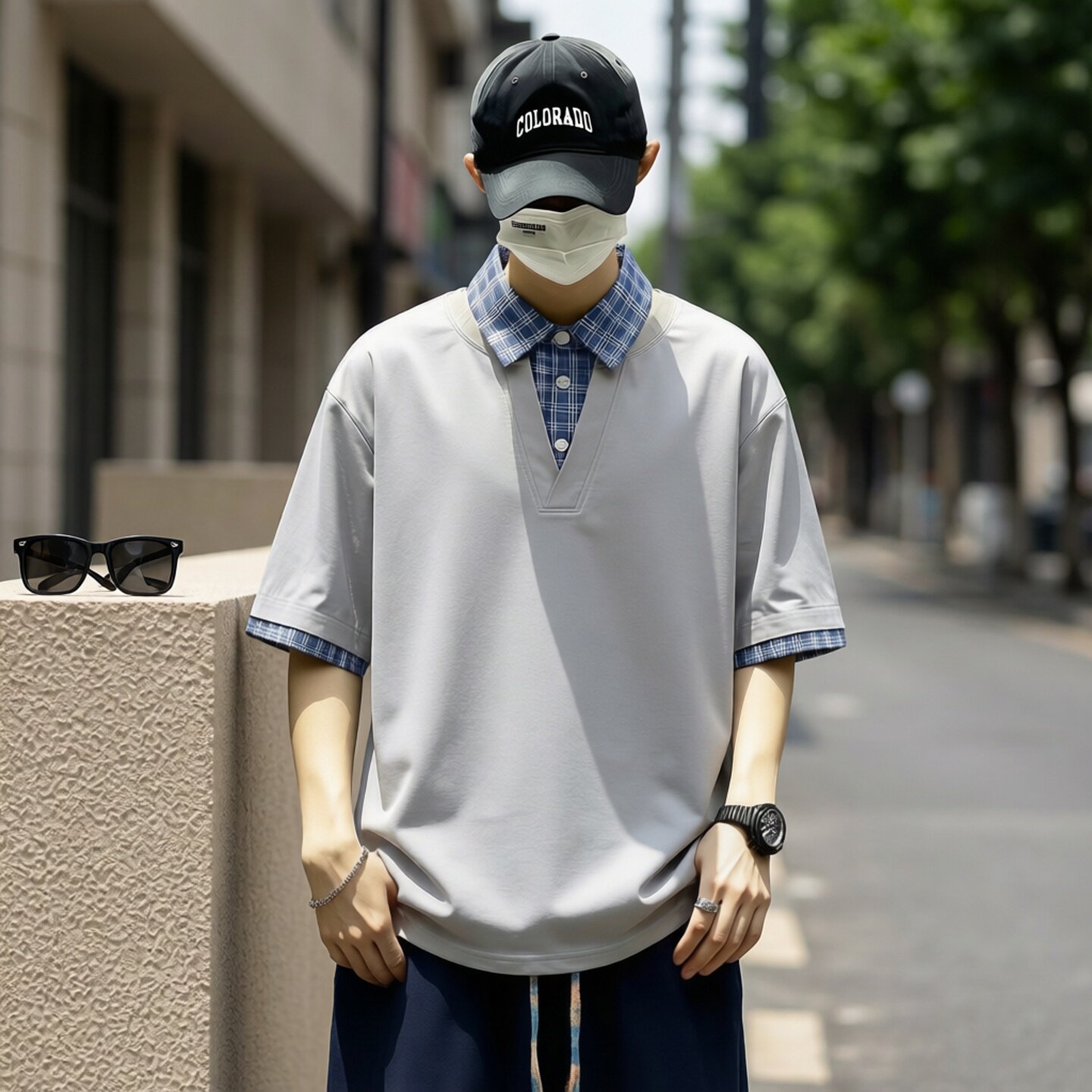 假两件翻领短袖T恤男 夏季条纹撞色 宽松大码蝙蝠袖痞帅休闲上衣