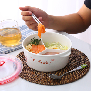 日式陶瓷分格便当盒圆形碗带盖微波炉分隔饭盒保鲜碗学生带饭餐盒