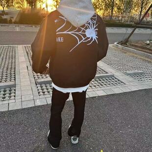 美式复古高街蜘蛛刺绣棒球服开衫秋冬款外套男潮牌宽松情侣夹克女