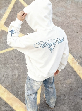 白色刺绣连帽卫衣男宽松秋冬加绒美式复古高街潮牌情侣款帽衫女