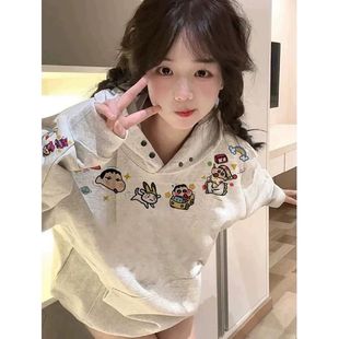 蜡笔小新趣味连帽卫衣女刺绣秋冬新款慵懒风宽松加绒加厚纯棉外套