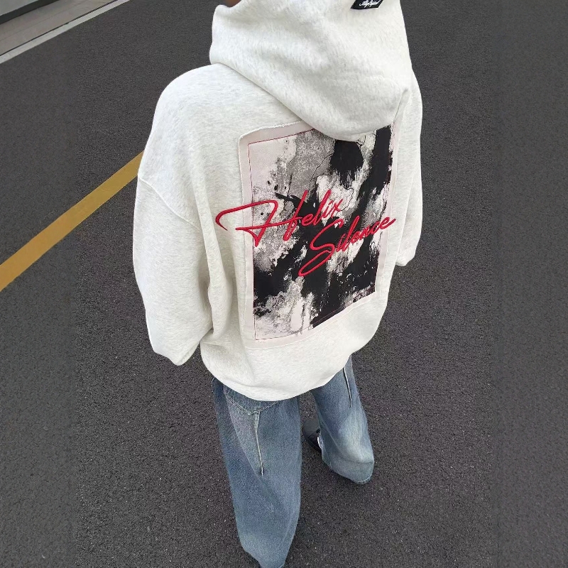 美式复古高街刺绣连帽卫衣男秋冬加绒纯棉潮牌宽松情侣装帽衫女