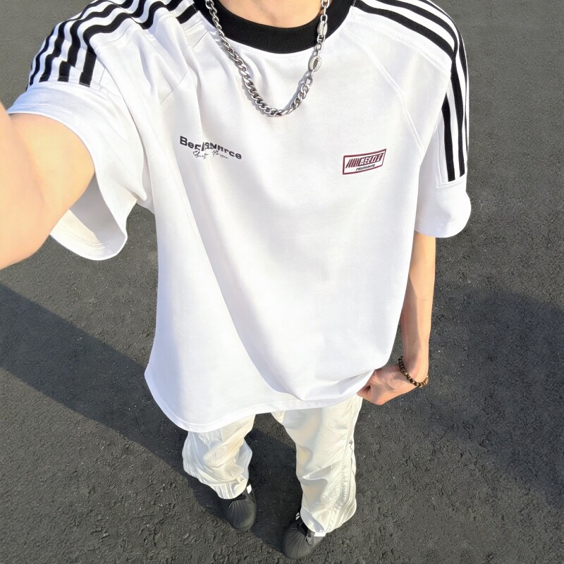 美式高街运动风短袖T恤男宽松圆领三条杠潮牌情侣百搭纯棉上衣女