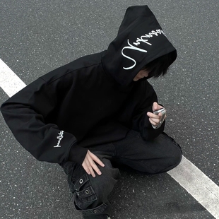 美式重磅字母刺绣纯棉连帽卫衣男新款秋冬宽松加绒加厚情侣帽衫女