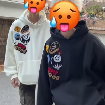 美式复古加绒加厚刺绣连帽重磅卫衣男秋冬宽松情侣高街潮牌帽衫女