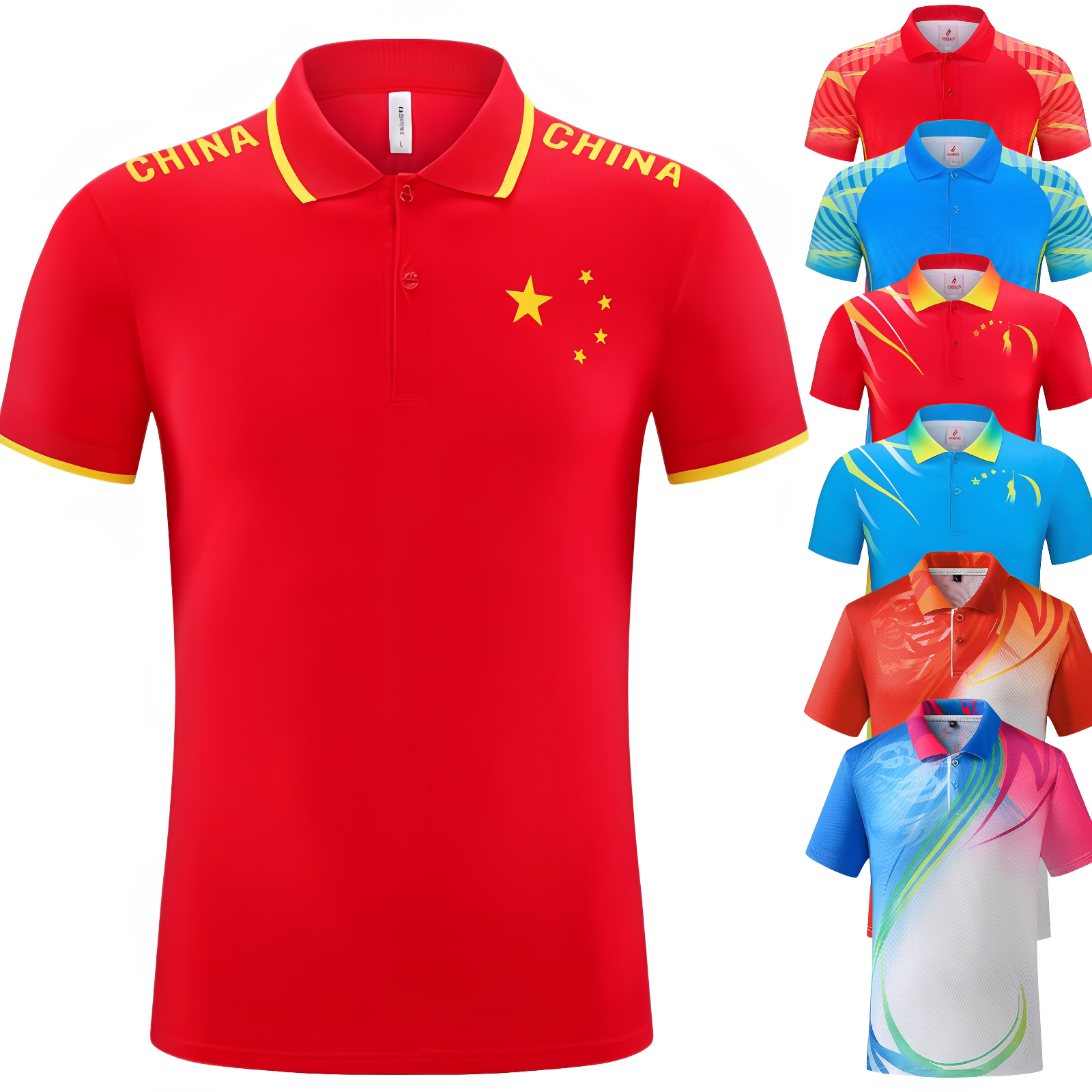 中国队T恤长裤运动套装男女夏季情侣翻领渐变短袖团体队服两件套