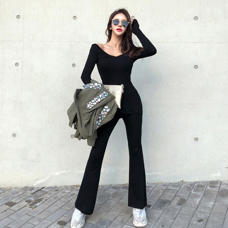 Korean Edition V-neck Split ends Long sleeve T-shirt leisure time suit Self cultivation Show thin horn trousers Two piece set fashionin the Women's clothing/Boutique , Set/Student uniforms/Work uniforms , Leisure sports suit  category - from Buy2taobao.com to provide professional Taobao agent buy service