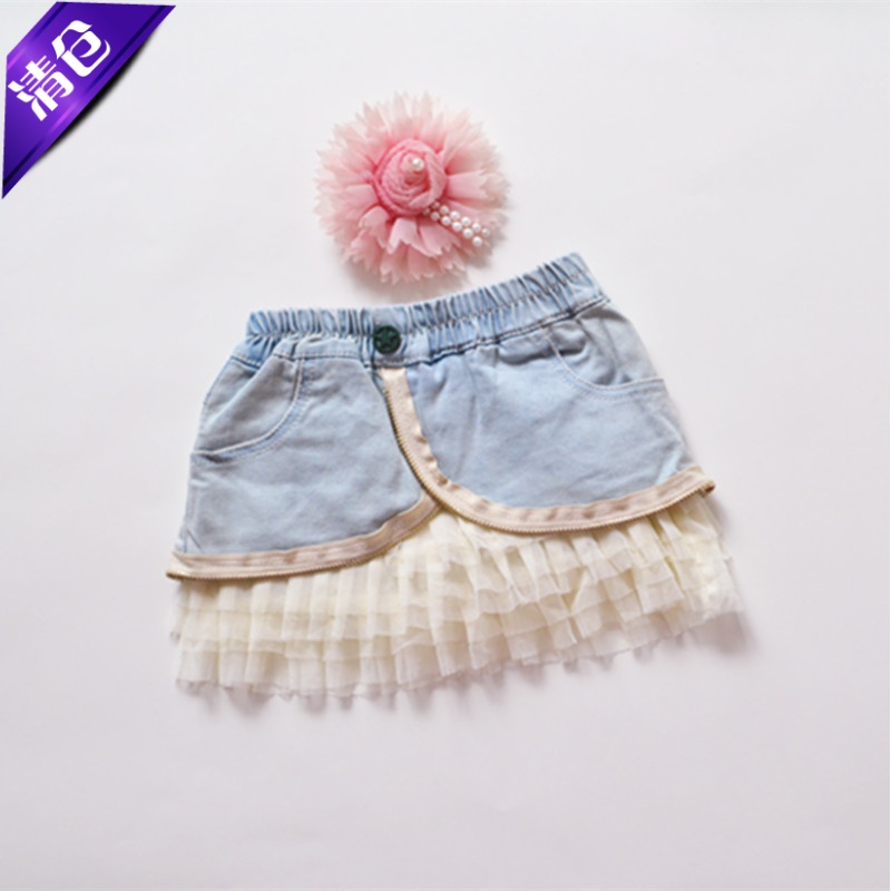 夏装新款女童装水洗牛仔超短裙儿童蕾丝花边迷你裙松紧腰半身裙