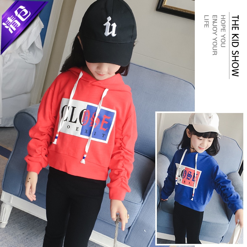 连帽褶皱字母印花套头T恤衫童装