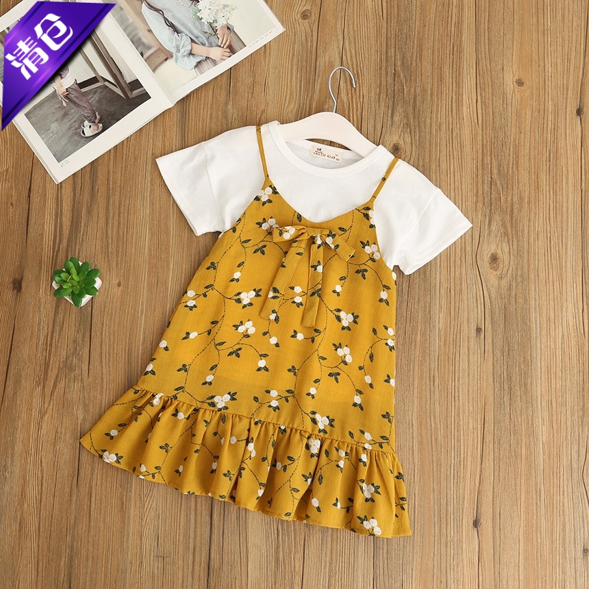 碎花白色蝴蝶结吊带裙韩版童装