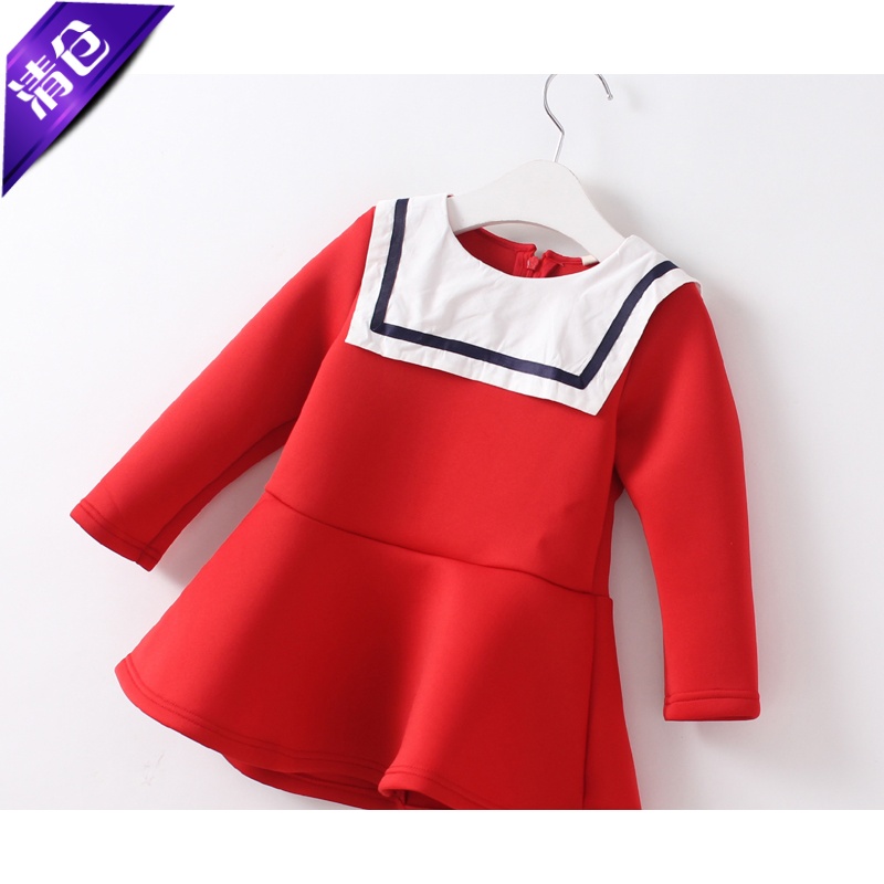 女童秋冬装学院T恤大翻领荷叶摆连衣裙儿童海军领空气棉长袖裙衫