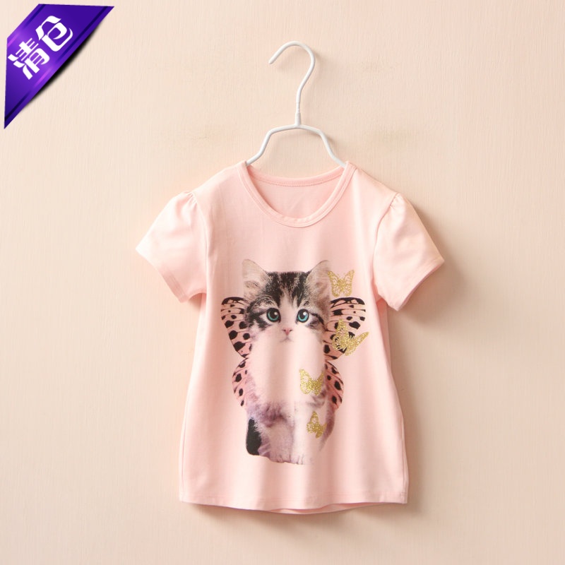 泡泡袖圆领纯棉猫咪套头打底衫