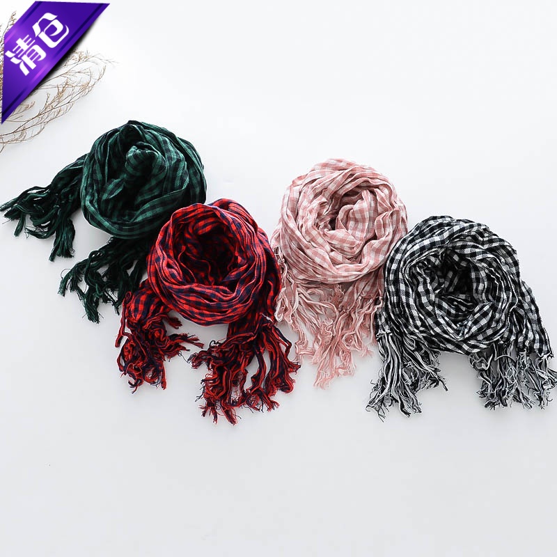 韩版女童流苏围巾春秋宝宝格子图案纯棉围脖可亲子柔软棉麻丝巾