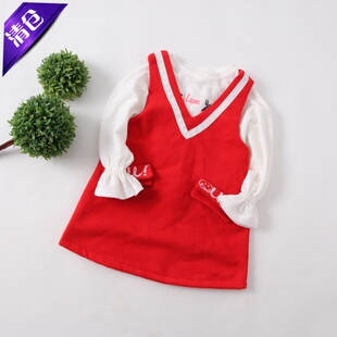 女童秋冬装学院风薄呢料背心裙儿童加厚公主裙童装V领呢子连衣裙