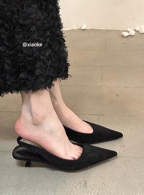 法式小众名媛绒面尖头细跟单鞋