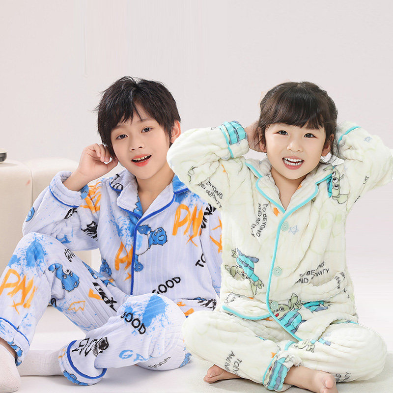 儿童法兰绒睡衣秋冬款保暖家居服家居服套装