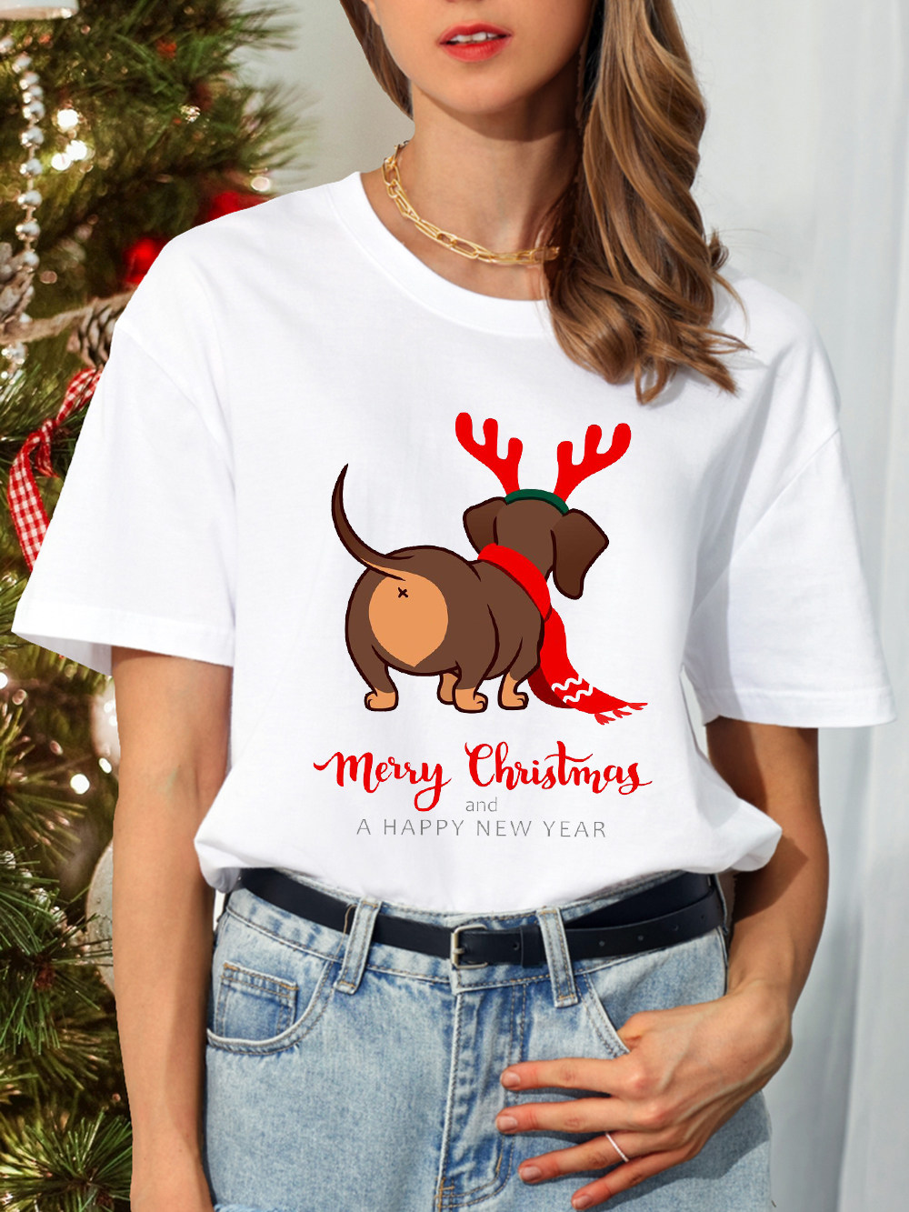christmas dog tshirt 可爱卡通圣诞猫狗印花t恤休闲情侣短袖原宿