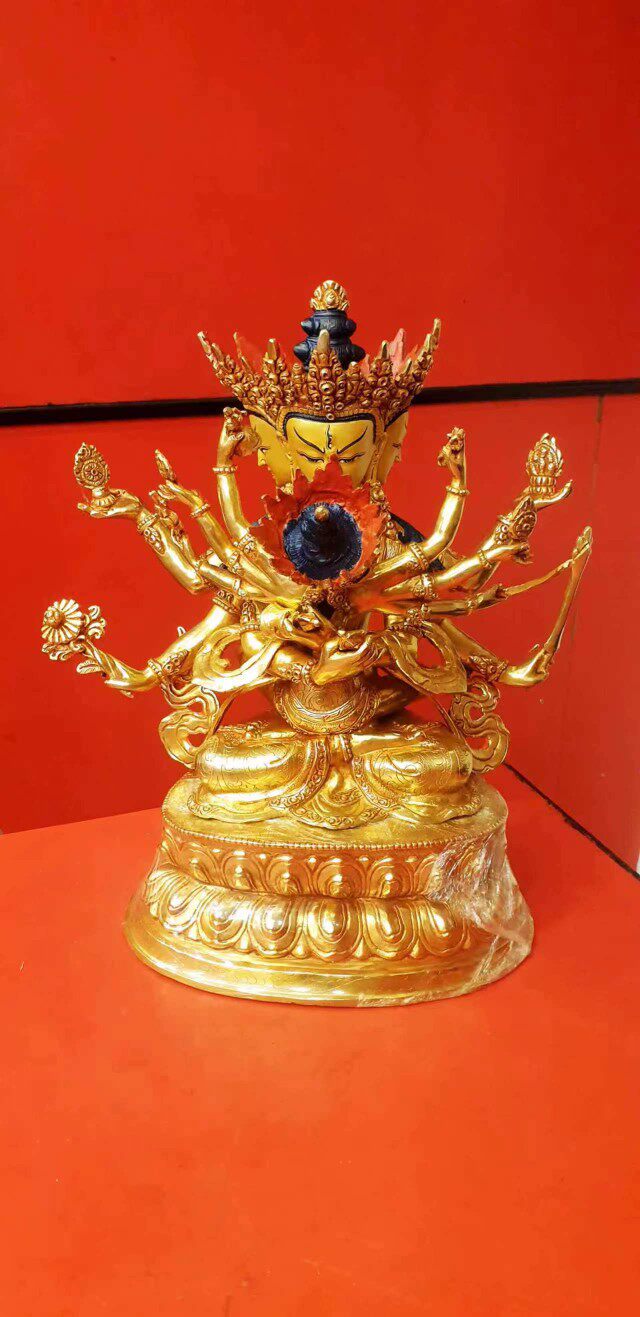 尼泊尔精品铜鎏金背光手工簪刻雕花艺 密集金刚像 高35㎝ 直邮