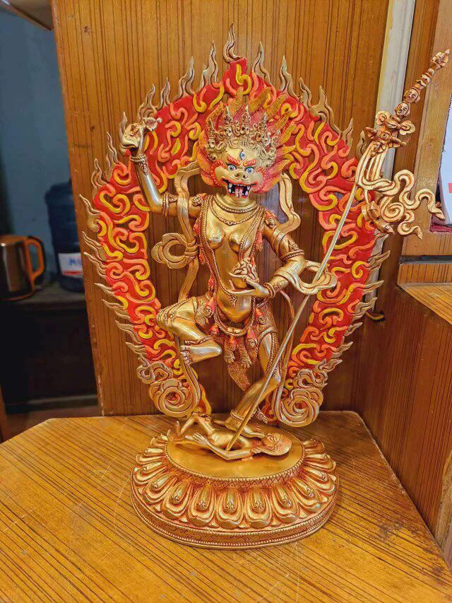 尼泊尔精品铜鎏金背光彩绘工艺 狮面佛母像 高38㎝ 尼泊尔直邮