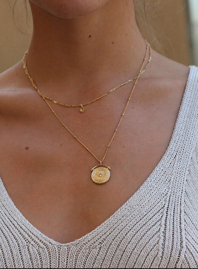 XL460 INS风罗马复古吊坠星星双层套链项链毛衣链秋冬 钛钢镀18K