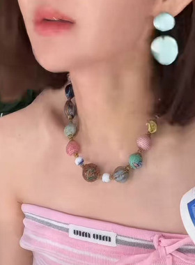 彩色陶瓷串珠项链女锁骨链