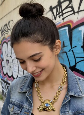 小众设计蓝眼睛面具项链女