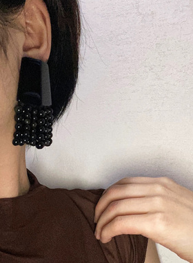 vintage中古韵味黑色串珠流苏耳夹复古小众设计高级感奢华ins耳环