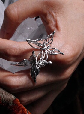 双生蝴蝶戒指女个性镂空金色