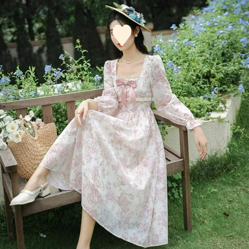 超仙森系温柔甜美大码cd伪娘高腰男娘连衣裙长袖印花女装大佬长裙