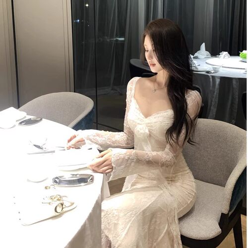 方领蕾丝修身女装大佬变装显瘦长袖伪娘连衣裙中长款名媛男娘衣服
