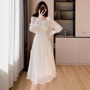 大佬中长款 公主裙英伦风雪纺女装 方领名媛伪娘连衣裙 男娘变装 秋季