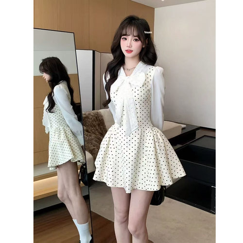 法式波点女装大佬可爱伪娘假两件长袖cd变装连衣裙公主蓬蓬裙修身
