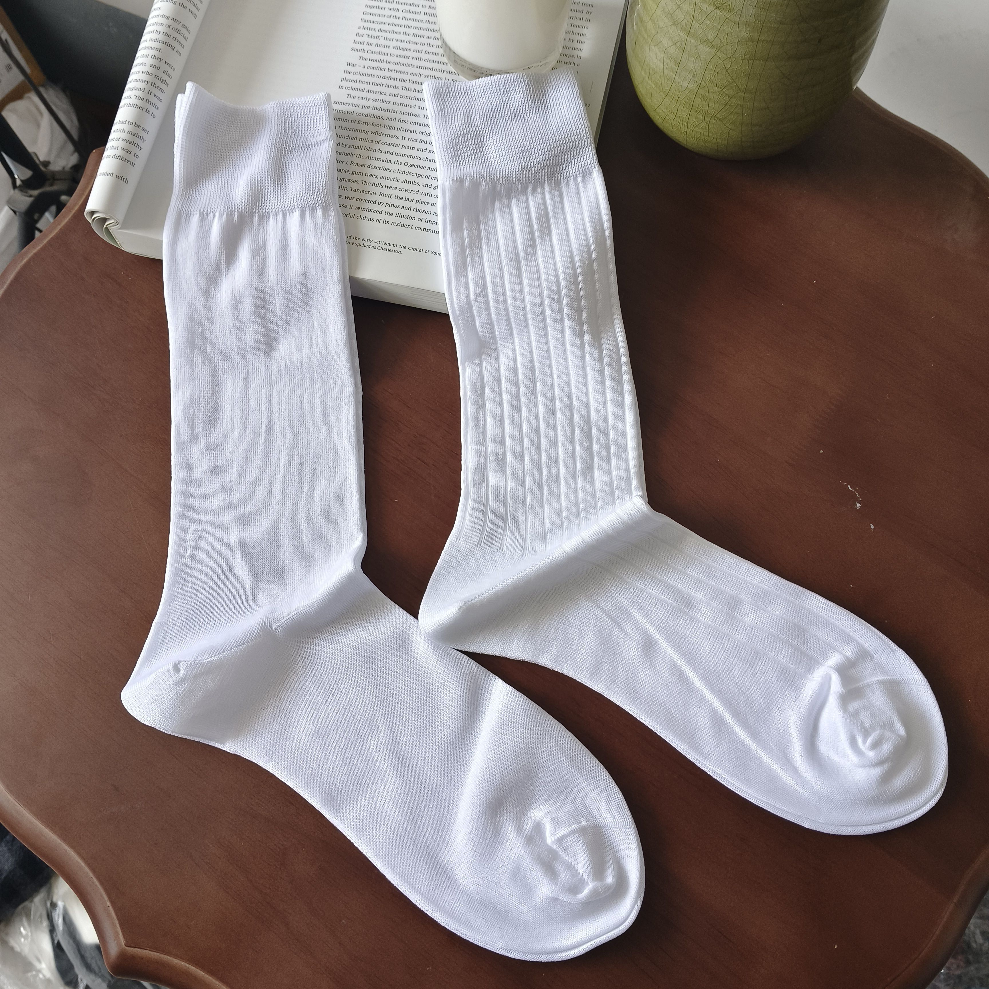 外贸出口男士丝光棉白色绅士袜小腿袜中筒长筒袜夏天柔软透气无骨