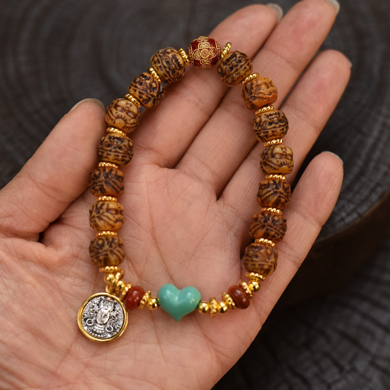 藏式牛骨雕刻搭配菱镁矿男女同款单圈手串