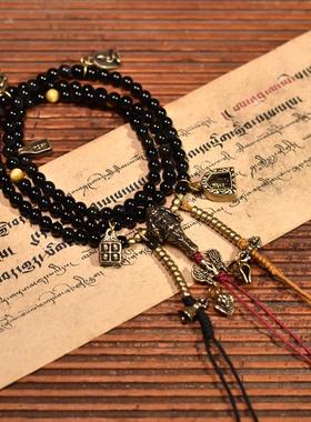 藏式黑玛瑙搭配虎眼石项链手链毛衣挂链108佛珠念珠6mm