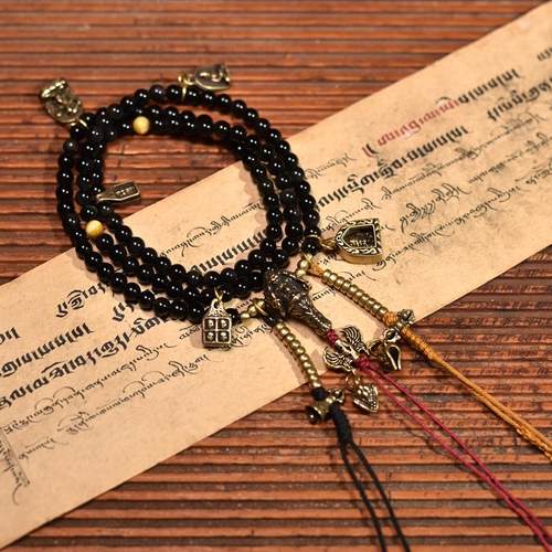 藏式黑玛瑙搭配虎眼石项链手链毛衣挂链108佛珠念珠6mm