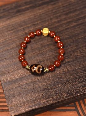 黑金天珠搭配红玛瑙单圈女士手串