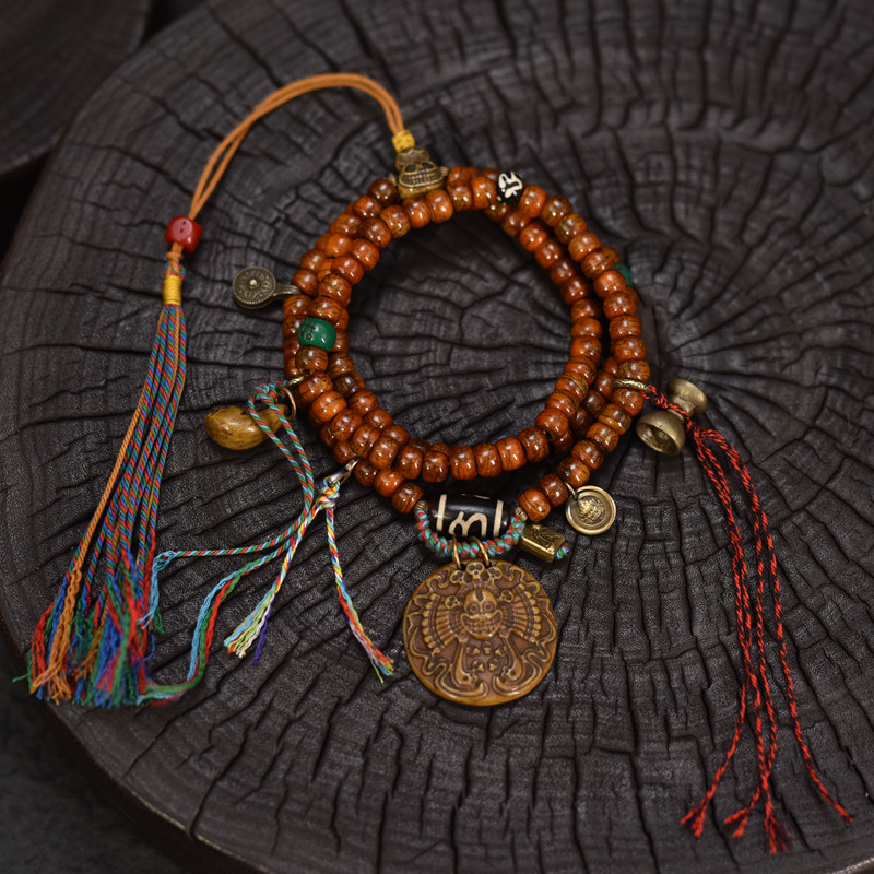 藏式牦牛骨108颗佛珠项链搭配雕刻牛骨阿呆牌子可拉伸调节手链