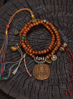 藏式牦牛骨108颗佛珠项链搭配雕刻牛骨阿呆牌子可拉伸调节手链