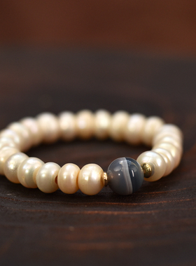 淡水珍珠搭配12mm蓝沁一线药师女士单圈手串