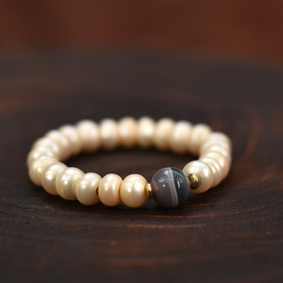 淡水珍珠搭配12mm蓝沁一线药师女士单圈手串