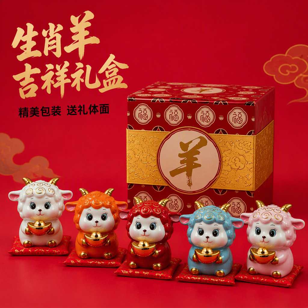 国潮创意陶瓷生肖羊摆件创意装饰