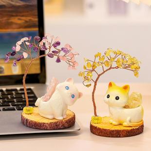 可爱甜甜小猫水晶发财树小摆件创意办公室工位系桌面装 饰用品