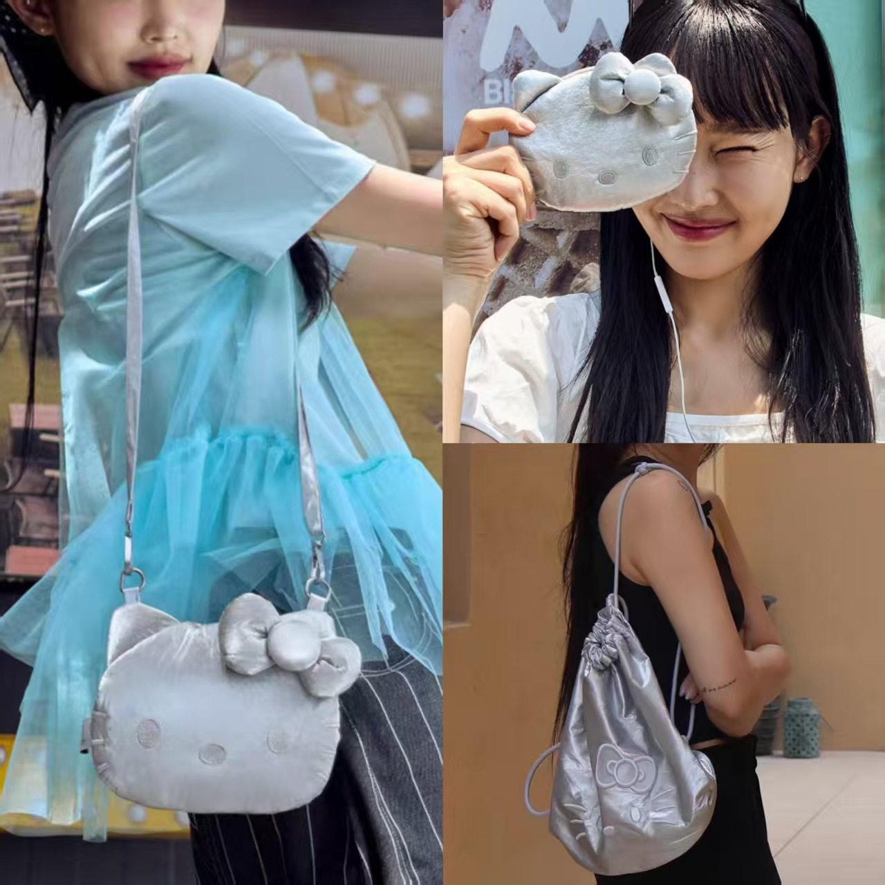 韩国HelloKitty25新款银色系列卡通猫可爱斜挎迷你零钱包水桶包